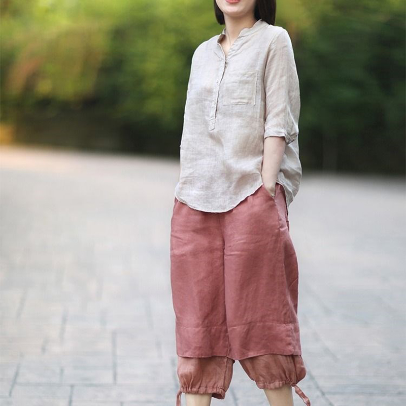 Women Summer Casual Cotton and Linen Stand Collar Shirt  Loose Mid-length Sleeve Shirt Beige_L