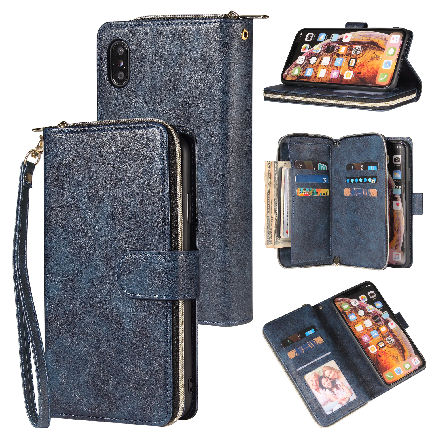 For iphone X/XS/XS MAX/11/11Pro Pu Leather  Mobile Phone Cover Zipper Card Bag + Wrist Strap blue