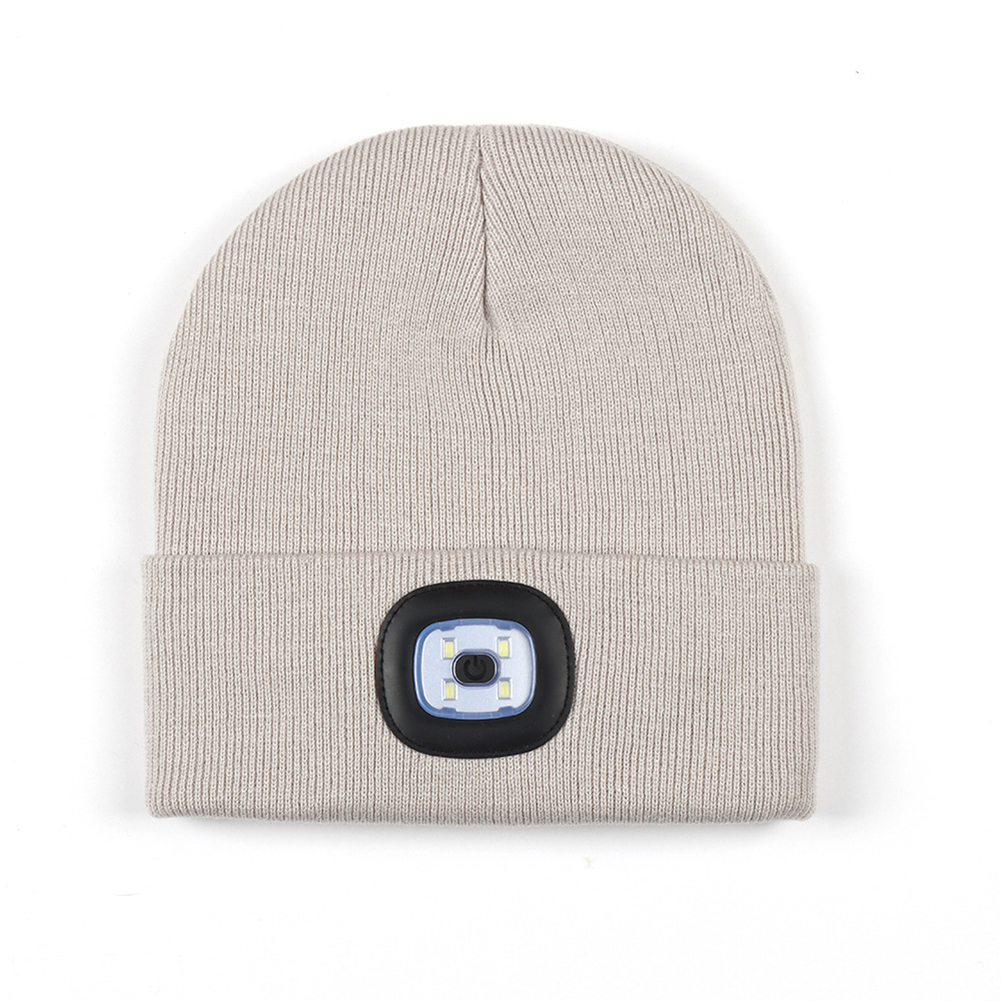 Led Light Knitted Hat With 3 Adjustable Brightness, USB Charging Port Warm Knit Beanie Hat, Round Top Rechargeable Headlamp Beanie For Men & Women, Teens Beige