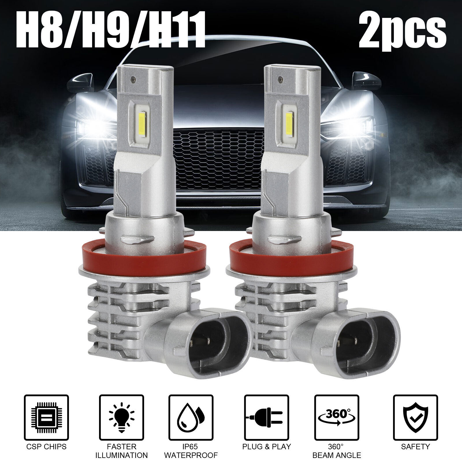 2pcs Car Led Headlight Kit H11 H9 H8 Super Bright Fog Lamp Daytime Running Light Bulbs 6000k White Waterproof silver