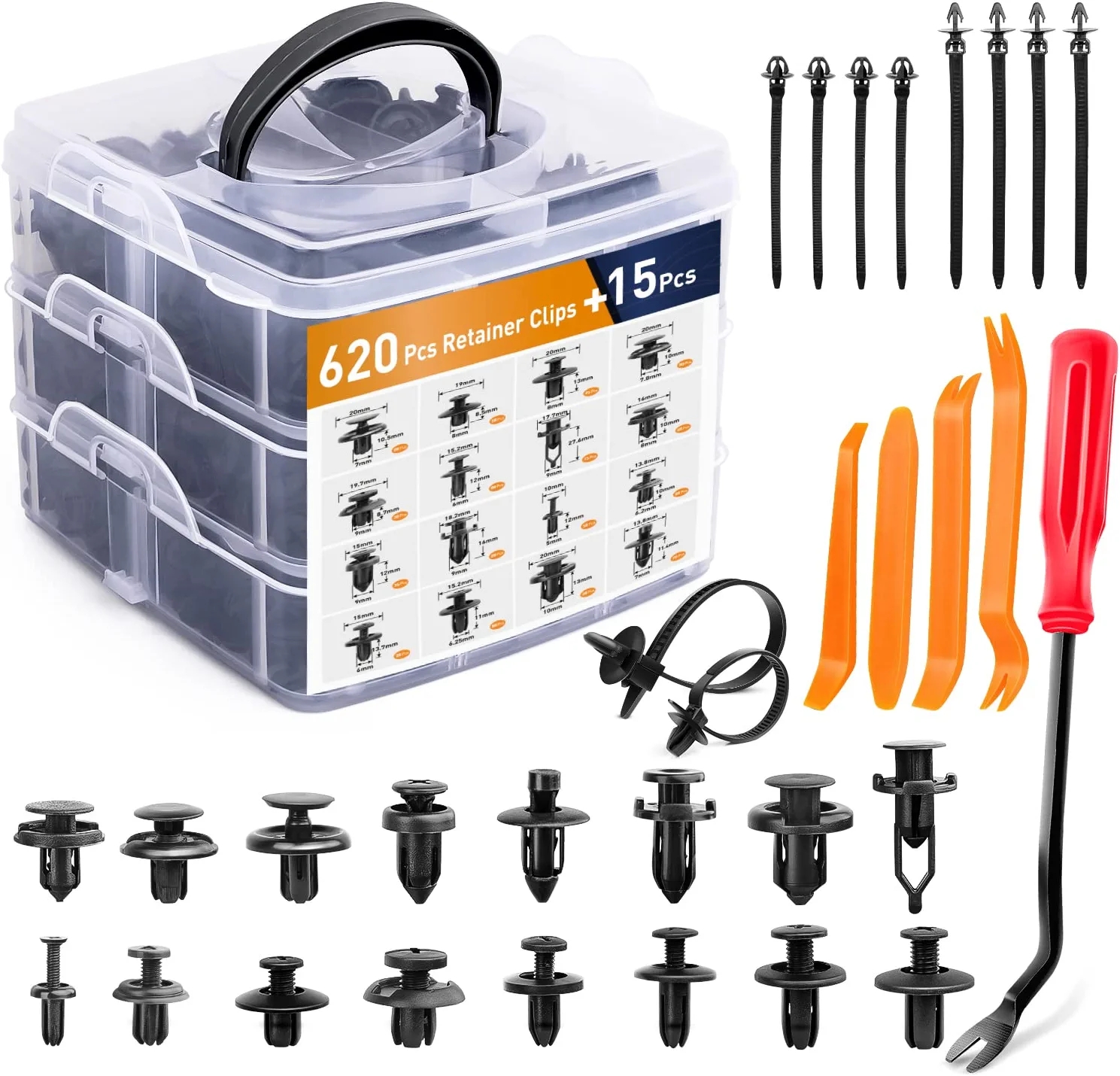 620pcs Car Push Retainer Clips Fasteners Kit With 3-layer Box 16 Kinds Buckles For Auto Bumper Repair HE132 Kit