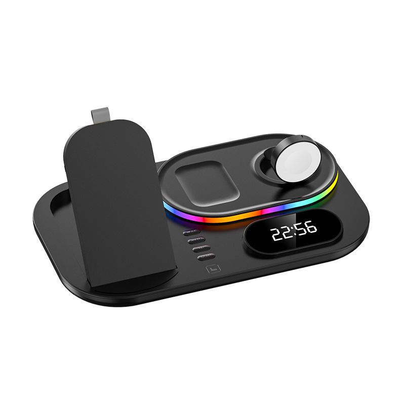 4 In 1 Alarm Clock Wireless  Charger For Airpods Pro Iwatch Rgb Led Fast Charging Station For Iphone Black