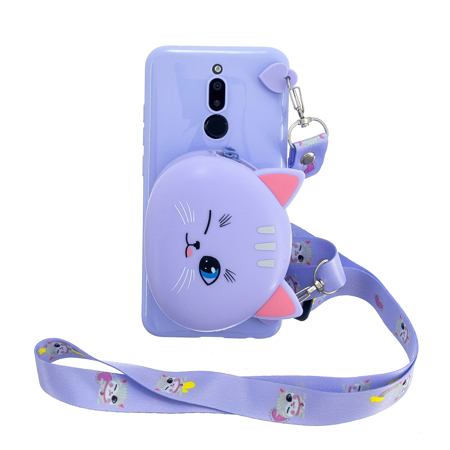 For Redmi 8/Redmi 8A Case Mobile Phone Shell Shockproof Cellphone TPU Cover with Cartoon Cat Pig Panda Coin Purse Lovely Shoulder Starp Purple