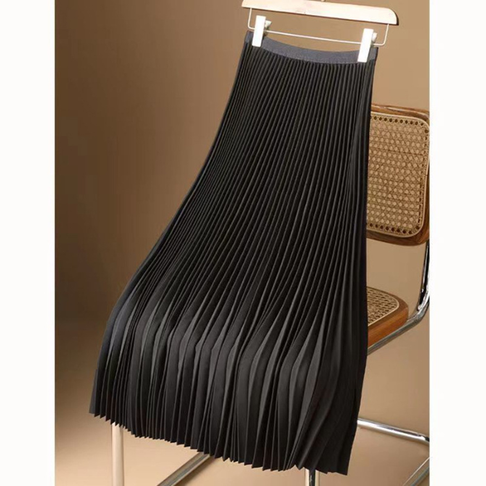Women Satin Pleated Skirt Summer Thin High Waist Elegant Simple Solid Color Midi Skirt black M