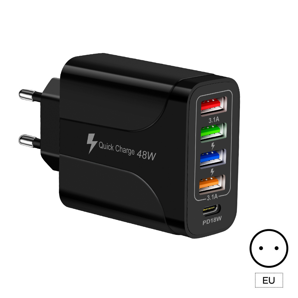 USB Charger Block Phone Charger 5 Ports 48W USB Power Adapter Smart Phone Wall Charger Block Cube Adapter Black EU plug
