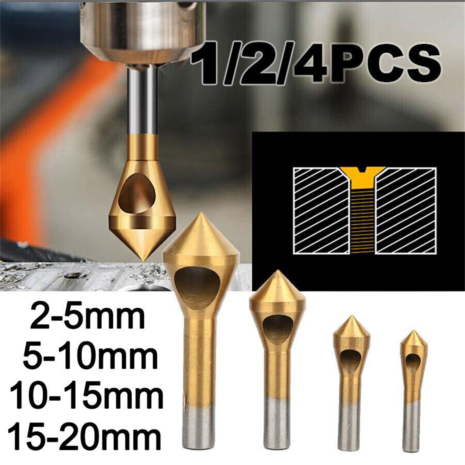 4Pcs 90 Degree Chamfer Countersink Chamfer Deburring Tool Set High Speed Steel Titanium Coated Metal Wood Drill Bits Countersunk Head Chamfering Tools titanium-plated 4Pcs