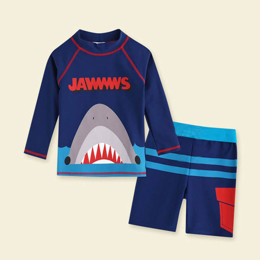 2-piece Children Split Swimsuit Boys Long Sleeves Diving Suit Cartoon Sunscreen Quick-drying Swimwear For Hot Spring blue shark 5-6Y L