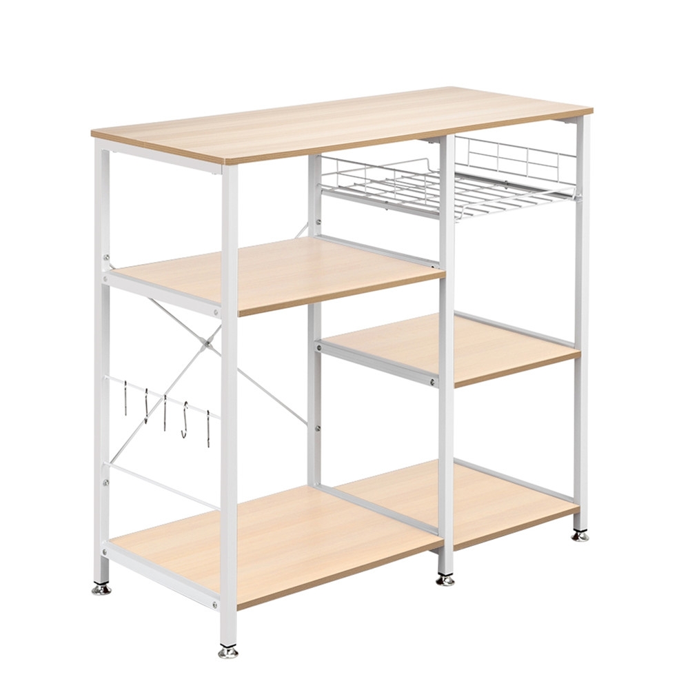 US 90*40*84cm Floor-standing 4-layer Microwave Oven  Rack With Pull-out Basket+X Cross Piece On The Back White maple