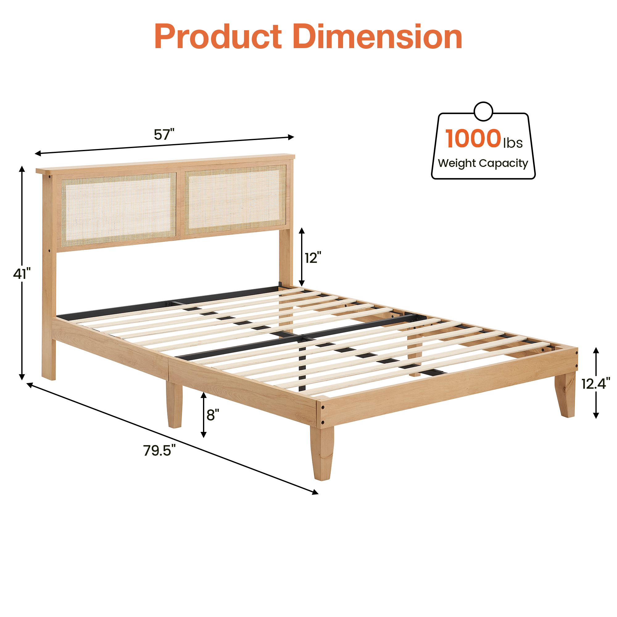 US GARVEE Full Bed Frame with Natural Rattan Headboard, LED Lights & Wooden Support Legs, No Box Spring Needed, Easy Assembly, Modern Design