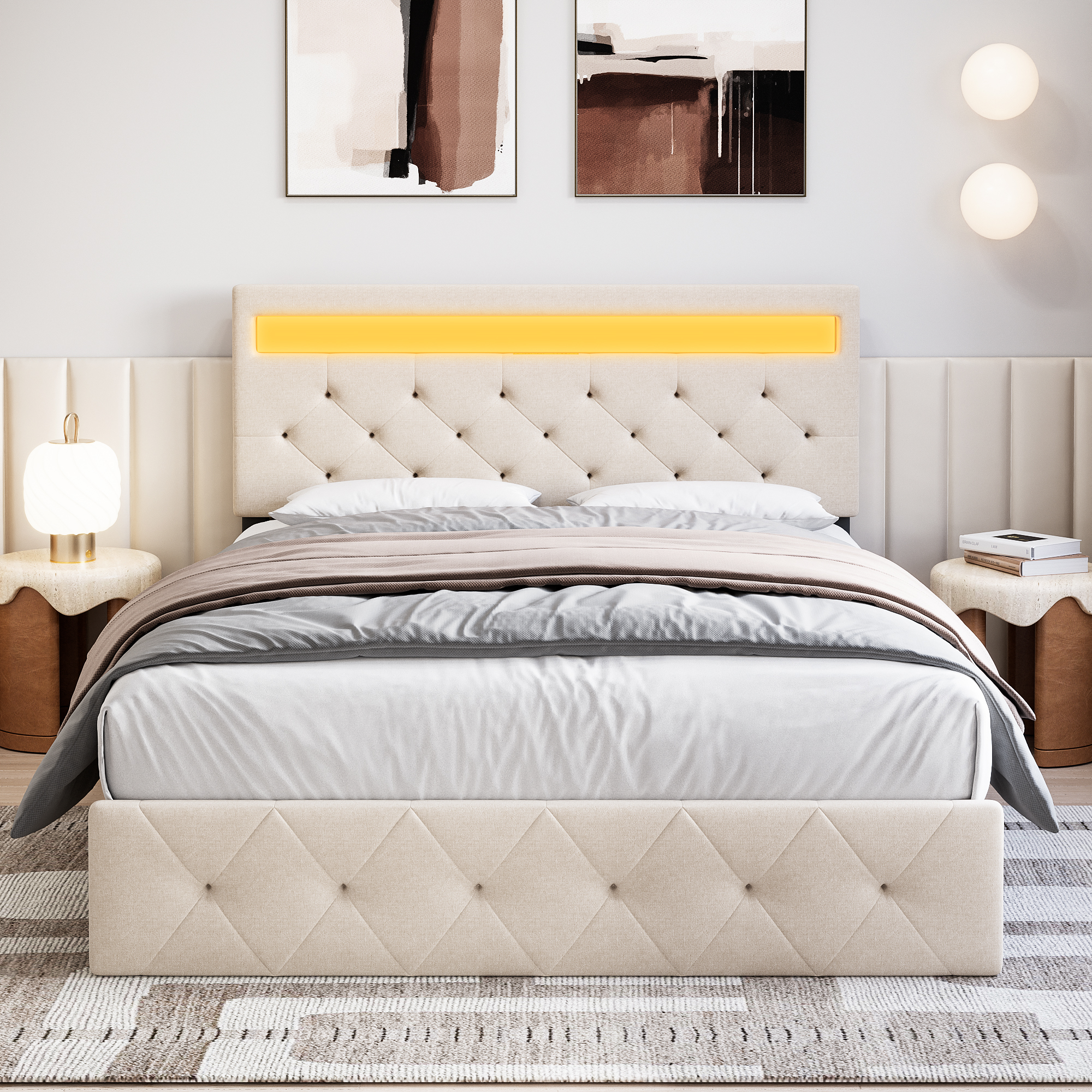 US GARVEE Full Bed Frame with LED Lights Headboard, LED Bed Frame with Fast-Charging USB Port, Upholstered Platform Bed Frame, No Box Spring Needed, Easy Assembly, Beige