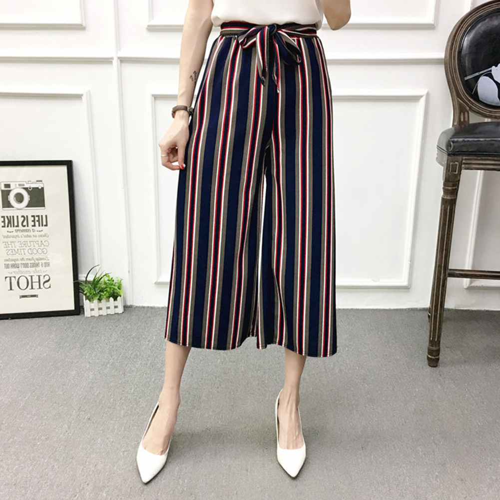 Women Black High Elastic Waist Ninth Loose Pants for Summer Wear Blue red strip_One size