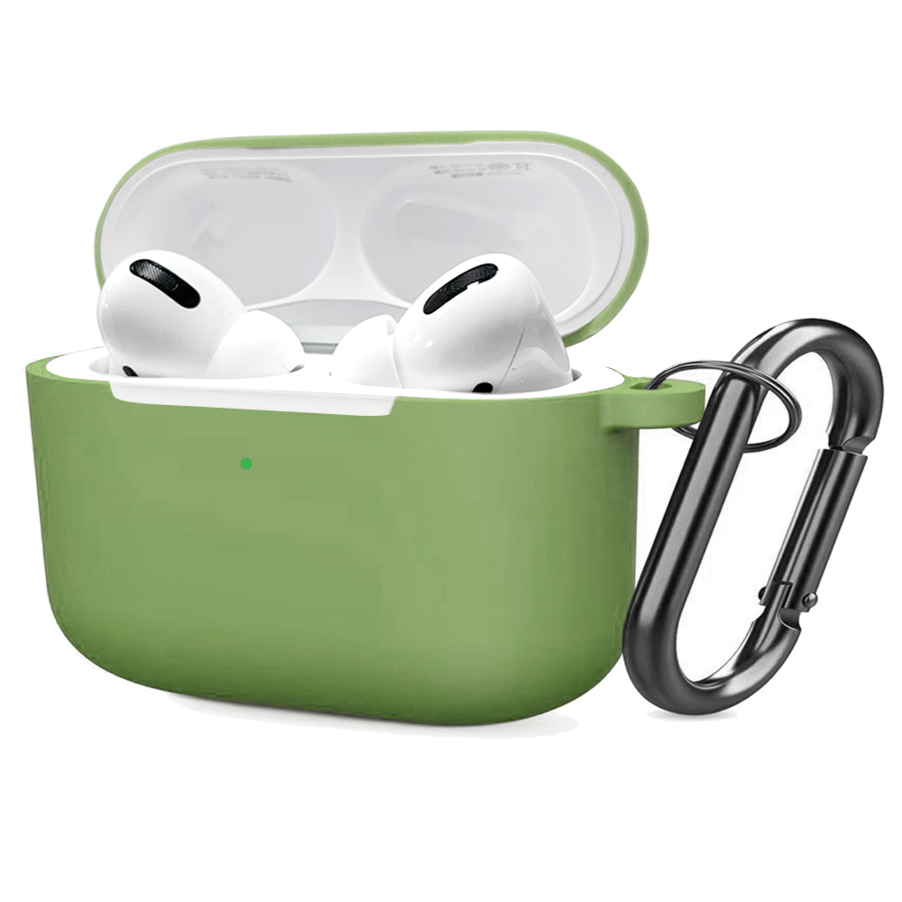 Soft Silicone Case for Airpods Pro Shockproof Hook Protective Bags With Keychain Earbuds Cover green