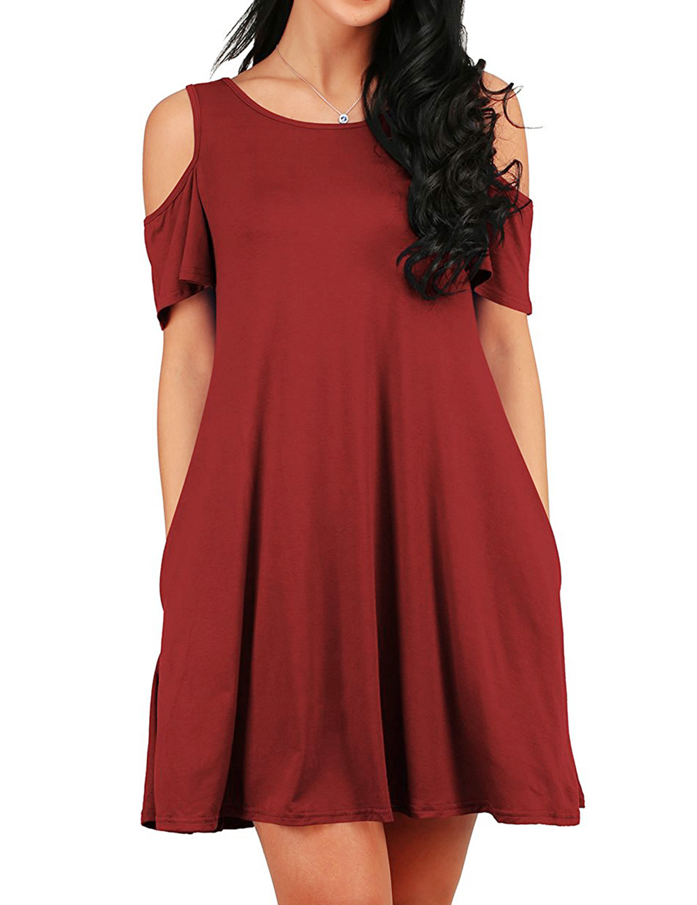 [US Direct] AMZPLUS Women’s Casual Cut Out Cold Shoulder Tunic Dress with Hand Pockets Burgundy_XL