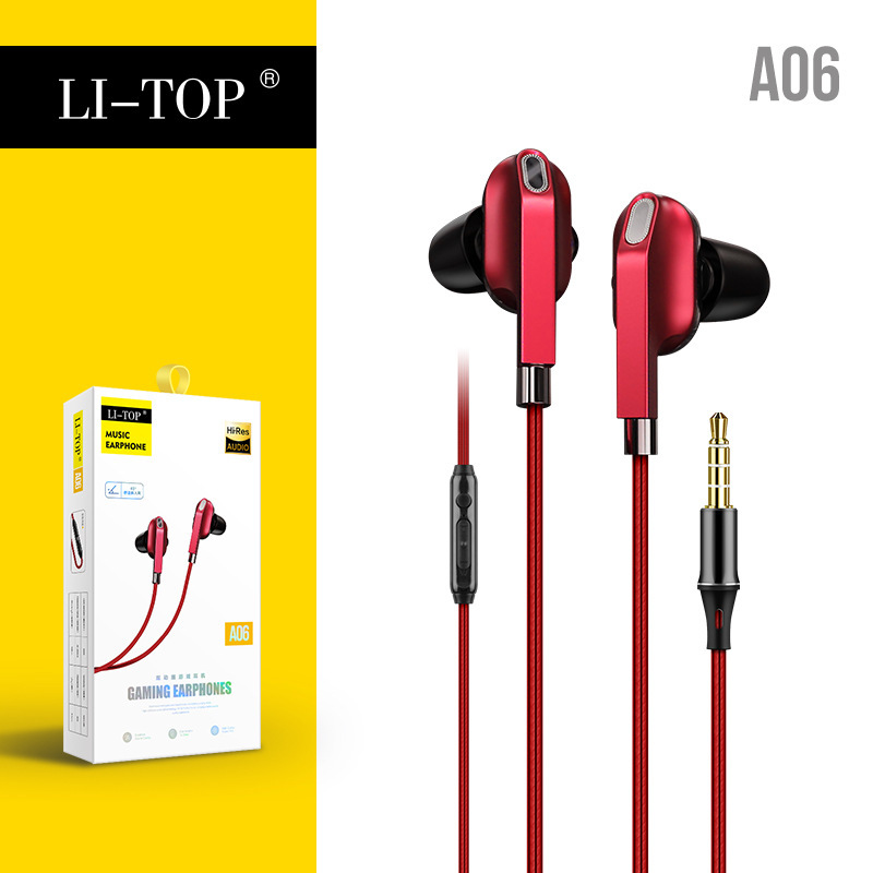 A06 Dual-speaker Mobile Phone  Headset, Wired Headphones, Noise Cancelling Stereo In-ear Earphone With Mic 3.5mm Jack Universal Earpods Red