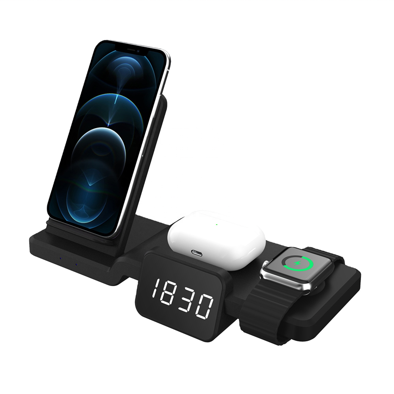 Clock 15w 3-in-1 Wireless  Charger Double Coil Fast Charging Lightweight Portable Compatible For Iphone Iwatch Headphones black