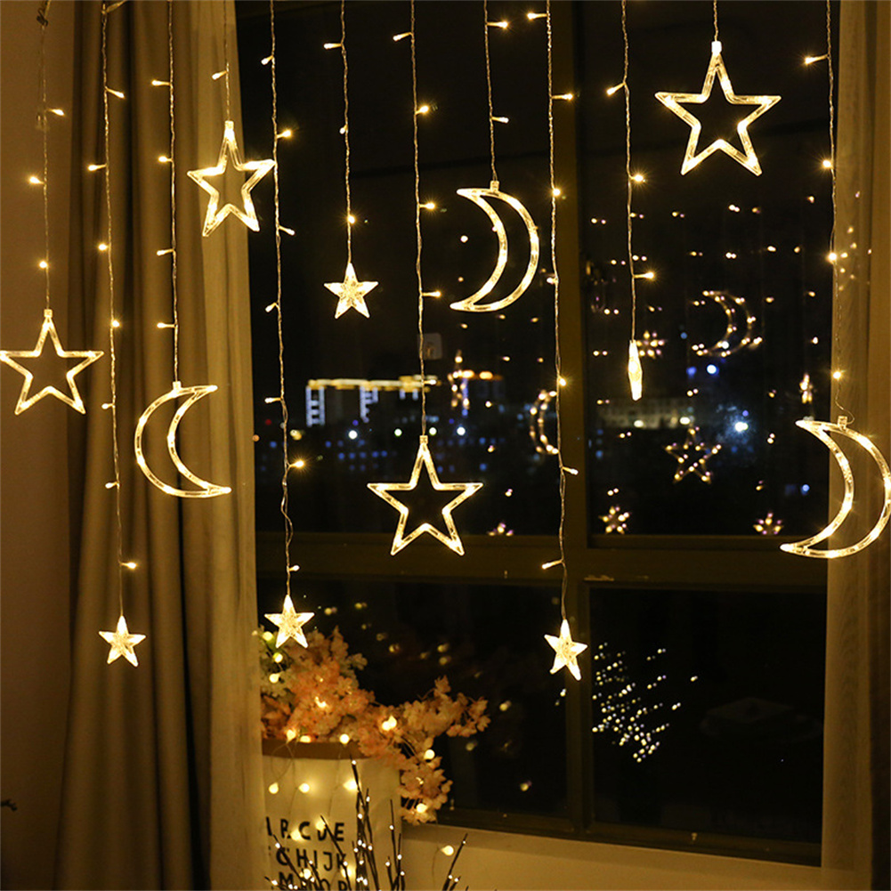 3.5m Star  Moon  Curtain  Light Battery Powered Led Waterproof Decorative Light String For Indoor Outdoor Bedroom Kitchens Terraces Warm color