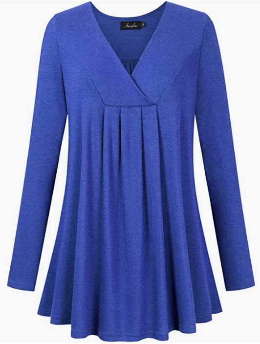 US AMZPLUS Women's Wrap V Neck Long Sleeve Loose Fit Casual Plus Size Pleated Blouse Top Tunic Shirt Sapphire