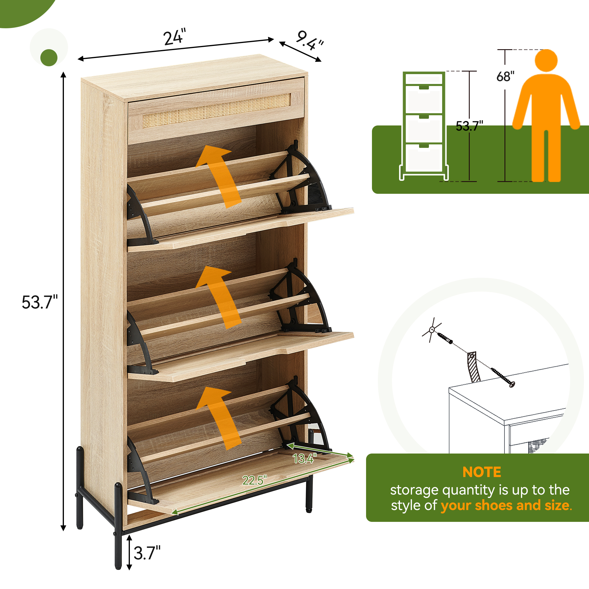 US GARVEE Natural Rattan 3 Flip Door with 1 Drawer Shoe Cabinet Organizer Freestanding, Shoe Rack Storage Cabinet for Entryway with 3-Tier Adjustable Shelves - Oak Color