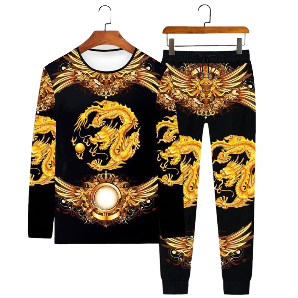 Men's T-shirt Dragon Pattern Round Neck Casual Long-sleeved Shirt Chinese Dragon Long Sleeve#Set_M