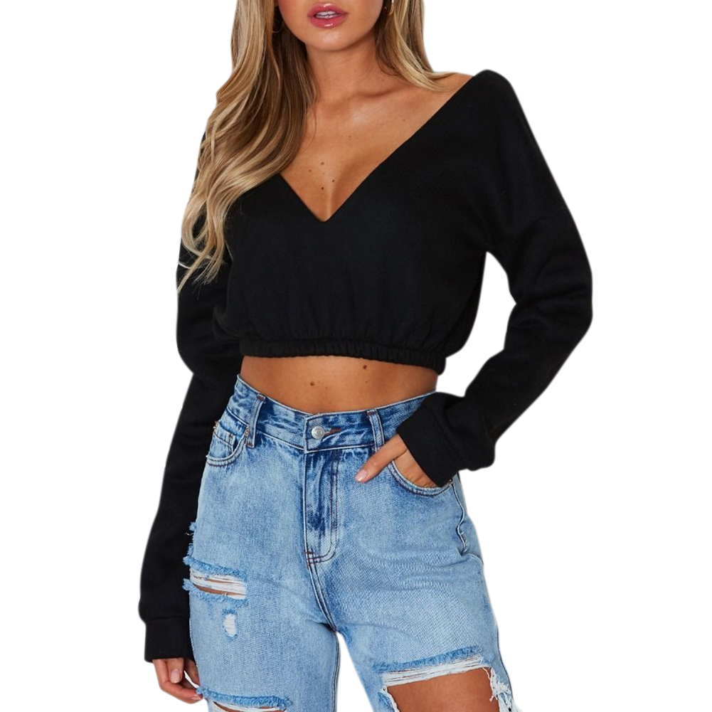 Women Fashion Solid Color Long Sleeve Sweatshirt Sexy V-neck Chic Short Tops