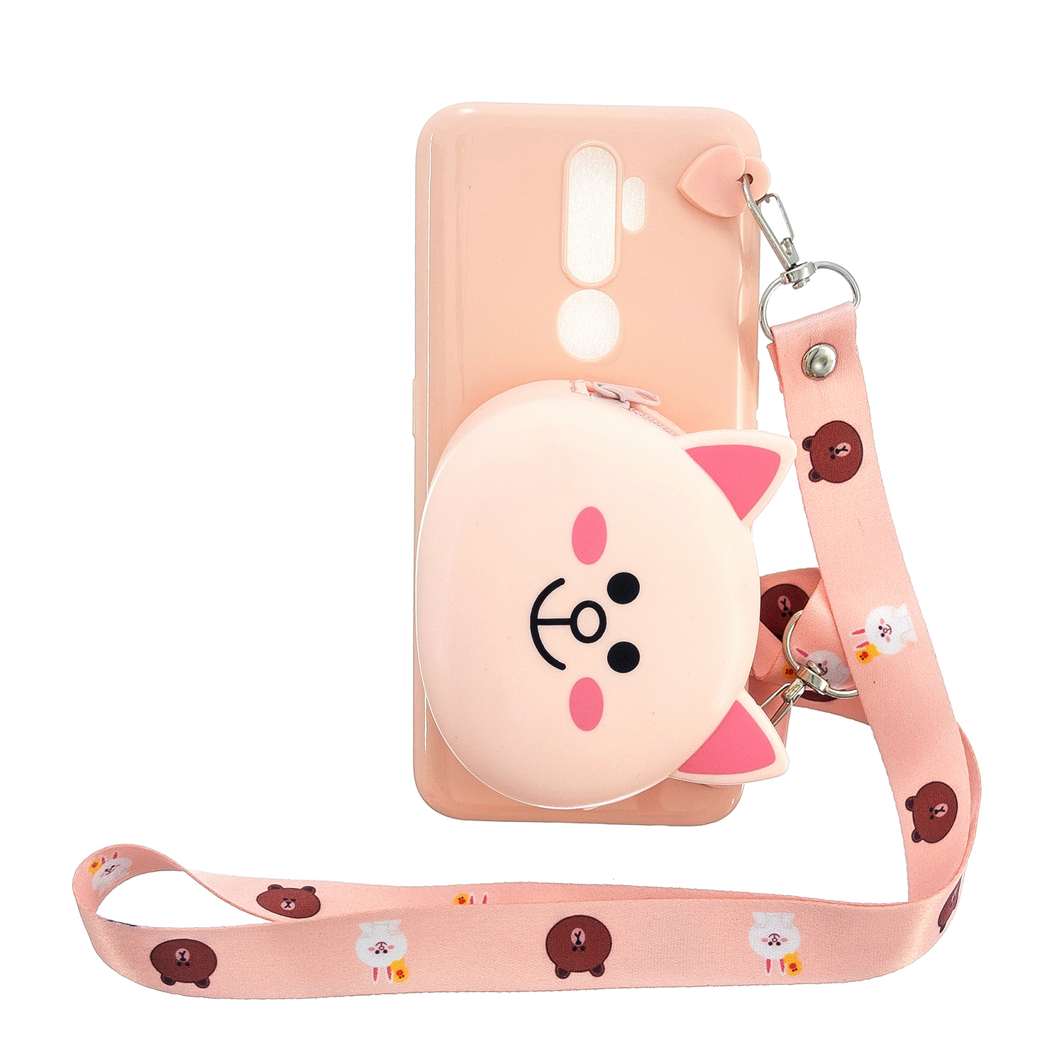 For OPPO A83/A9 2020 Cellphone Case Mobile Phone TPU Shell Shockproof Cover with Cartoon Cat Pig Panda Coin Purse Lovely Shoulder Starp  Pink