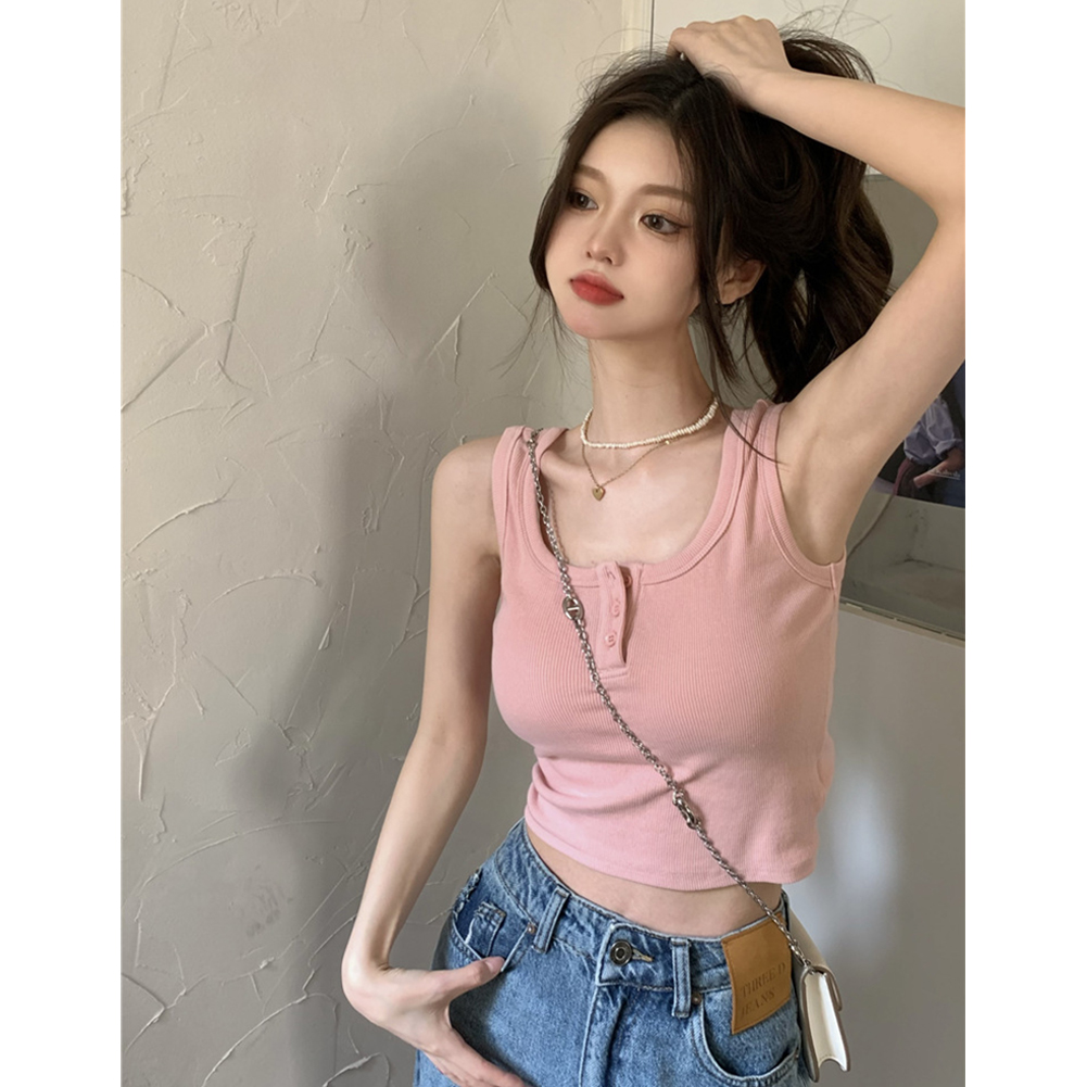 Women Knitted Tank Tops Summer U-neck Slim Fit Crop Tops Sexy Slim Fit Simple Solid Color Sleeveless Shirt pink L