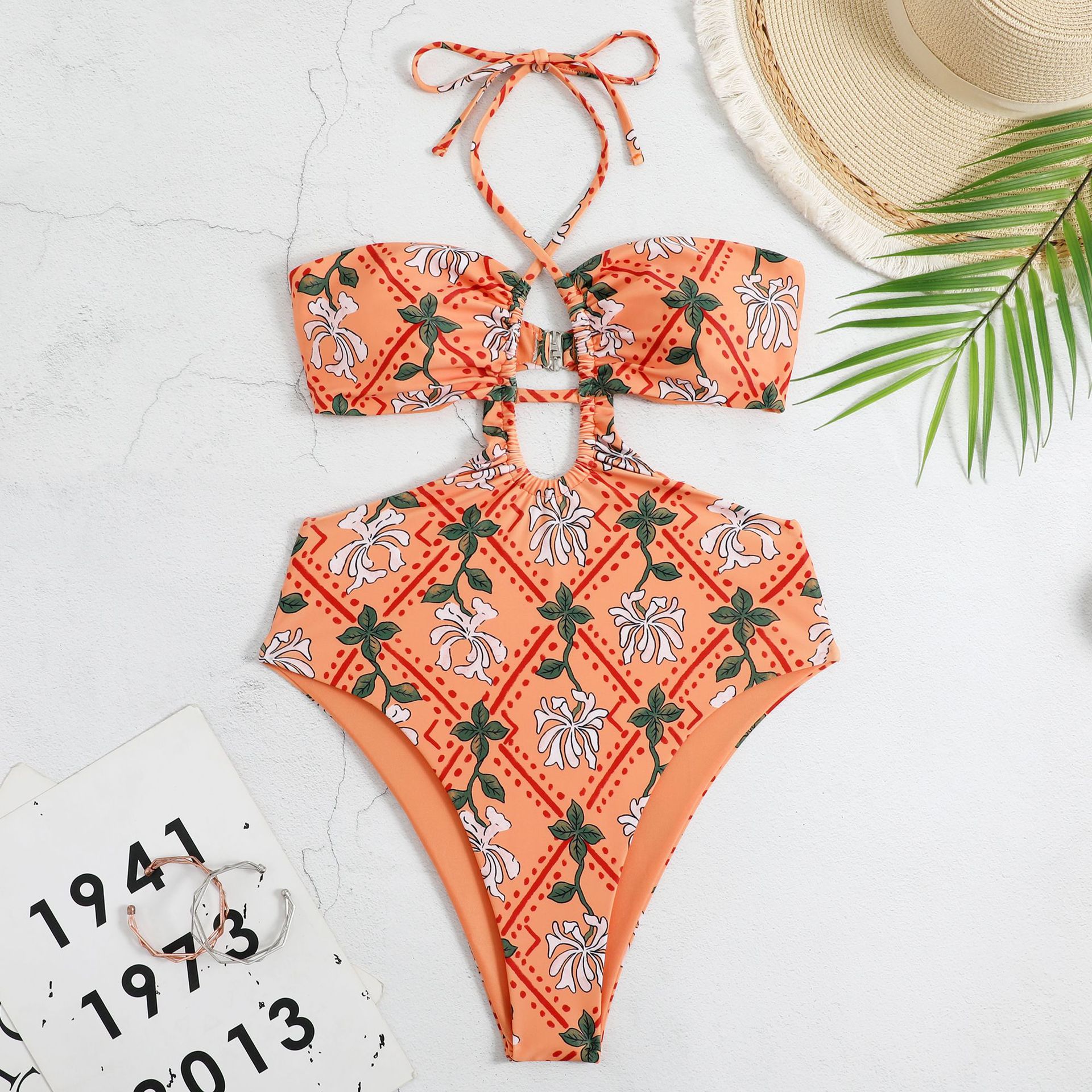 Women Halter Swimsuit Retro Ethnic Moroccan Printing Sexy High Waist Quick-drying Backless Swimwear For Swimming orange red M