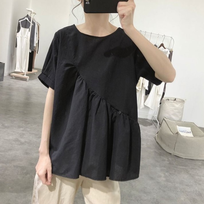 Summer Short Sleeves Shirts For Women Fashion Irregular Cotton Linen Blouse Round Neck Solid Color Tops black M